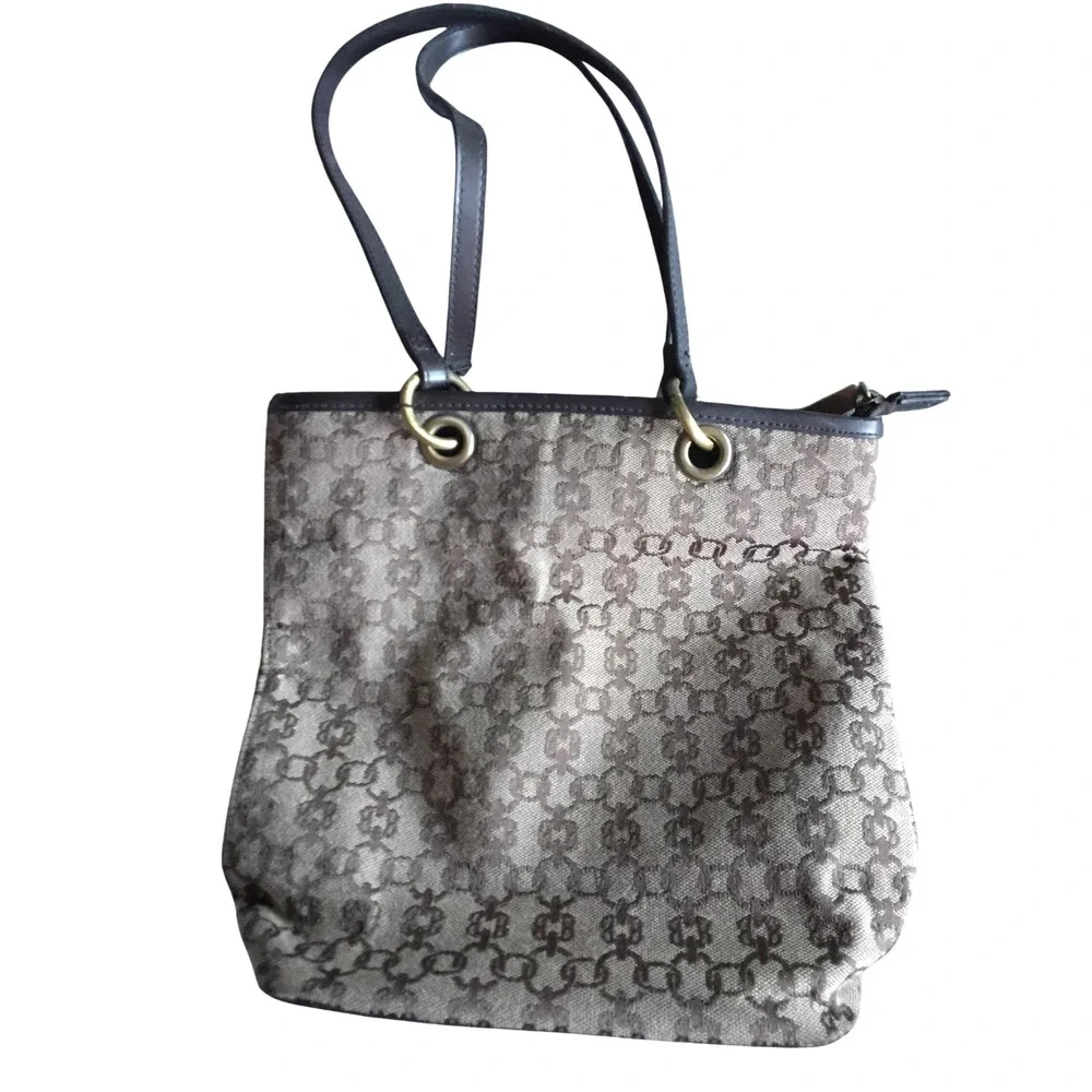 Bueno Monogram Jacquard Tote Bag Brown Tan Canvas Shoulder Bag Zip Top Medium